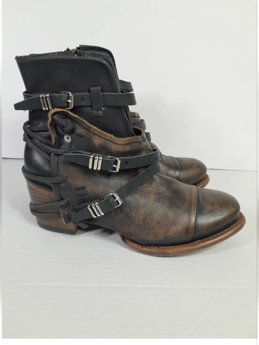 Freebird Crue Boots Booties Women 9 Distressed Brown Black Strap